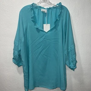 Andree Blouse Womens 2X Plus Blue Oversized V Neck Dolman 3/4 Sleeves NEW - Picture 1 of 15