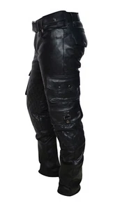 Men's Real Cowhide Leather Bikers Quilted Panels Pants & Cargo Pockets - Picture 1 of 5