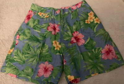 Pantalones Cortos Ralph Lauren Vintage Para Mujer Hibisco Floral Azul Lino Nuevos Sin Etiquetas 6P Cintura Alta Foto 1 de 4