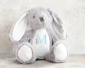 Personalised Blue Rabbit Birth Announcement White/Grey Bunny - Picture 1 of 5