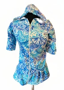 Lilly Pulitzer Cover Up Girls XL (12-14) Blue Full Zip Hooded UPF 50+ 3/4 Sleeve - Picture 1 of 7