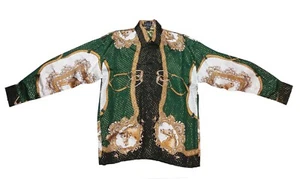 Men Metallic Silk Shirt Color Green Long Sleeve Horse Design - Picture 1 of 2