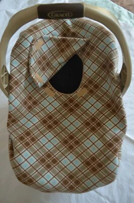 Infant Car Seat Carrier Cover New Handmade Fleece Light Blue/Brown Plaid - Image 1 of 2