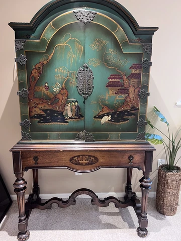 1920s Chinoiserie Hand Painted China Cabinet Cover