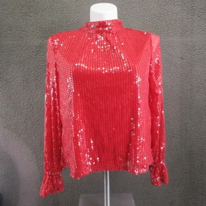1.STATE Paillettenbluse Damen groß rot Stehkragen Wasserfallausschnitt hinten offen Langarm Oberteil - Bild 1 von 22
