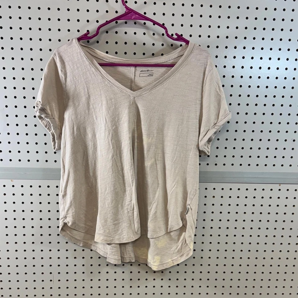 Camiseta para mujer Eddie Bauer beige claro cuello en V manga corta talla L Foto 1 de 4