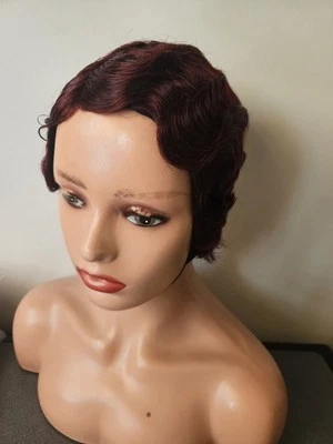Women color Wine Red brazilian remy human hair short Finger Wave Curly Wavy  Wig — 第 1/4 张图片