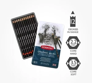 Derwent Medium Graphic 6B-4H Drawing Sketching Set 12 Pencils Metal tin - 34214 - Picture 1 of 4