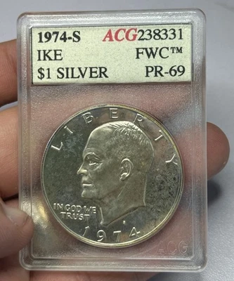 1974 S Proof Silver Eisenhower Dollar Vintage Accugrade Holder  - Image 1 of 4