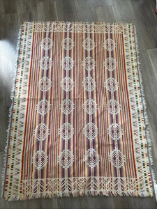 MCM Large Cotton Overshot Fringe Multi Color Woven Rug 60 X 45” - Picture 1 of 15