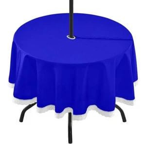 Retro Cobalt Blue White Lace Durable 60" Patio Table Cover w/ Zipper - Picture 1 of 6