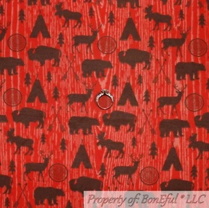 BonEful FABRIC FQ Cotton Quilt Flannel Red Camp Tent Cabin Animal Deer Bear Tree - Picture 1 of 14