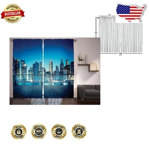 Modern Urban Graphic Curtains 108"x90" - Washable Satin Panel Set in Yellow Blue - Picture 1 of 3