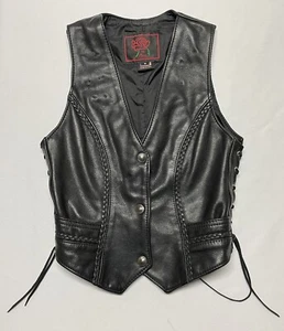 Schwarze Maserung Leder Reitweste Mode von Rose Größe kleine seitliche Schnürsenkel Made USA - Bild 1 von 11