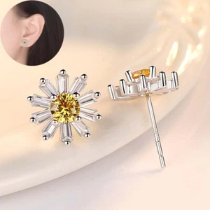 Silver Yellow CZ Women Elegant Stud Earrings Jewellery Sun Flower Daisy - Picture 1 of 6