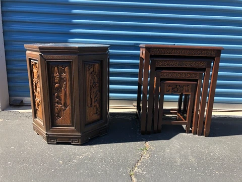 Midcentury Asian Wooden Carved Set Of Nest Table With Matching OctagonTable Cover