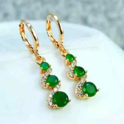 2CT Lab Created Round Green Emerald Drop Dangle Earrings 14K Yellow Gold Plated - Image 1 of 4