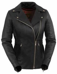 True Element Womens Premium Braided Motorcycle Leather Jacket (Black, Sizes XS-3 - Picture 1 of 12