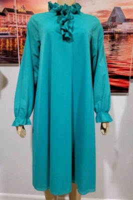 Vestido para mujer Mr. Blackwell vintage talla L verde azulado escote con volantes manga larga #Z Foto 1 de 4