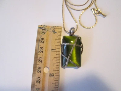 Green Tiger Eye Pendant Necklace Rectangle Signed RMN - Image 1 of 4