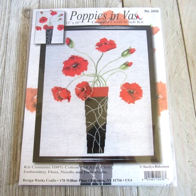 Vintage Cross Stitch Pattern kit Poppies In Vase Design Works Crafts Open Bag - Image 1 of 3