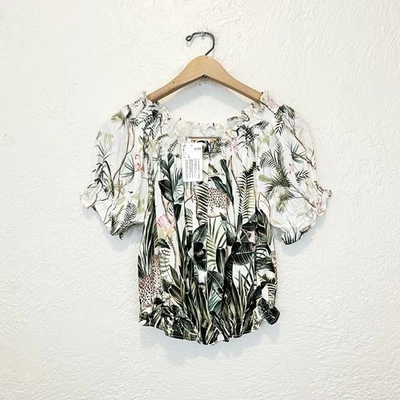 H&M NWT Linen Blouse Top Tropical Leopards Palm Floral size 2 - Image 1 of 4