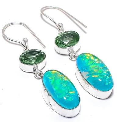 Triplet Fire Opal, Apatite Gemstone 925 Sterling Silver Jewelry Earring 2.1" - Image 1 of 4