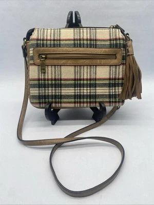 Jen & Co 格子红色/黄色/黑色米色和皮革斜挎包钱包带流苏 — 第 1/4 张图片