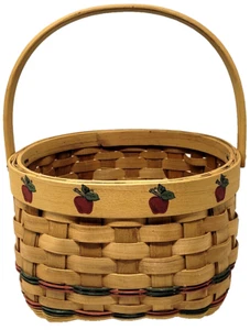 Handled Wicker & Wood Picnic Basket Red Apple Decoration & Colored Accent Weave - Picture 1 of 7