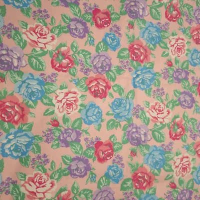 Cotton Decorator Fabric Light Pink Floral Blue/Purple /Deep Pink Roses 3+ Yards - Image 1 of 4
