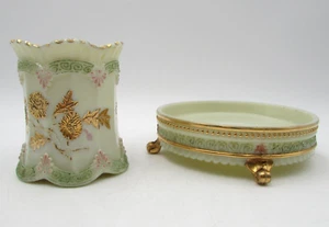 Northwood Chrysanthemum Sprig Footed Custard Glass Trivet Dish & Spooner Cup - Picture 1 of 23