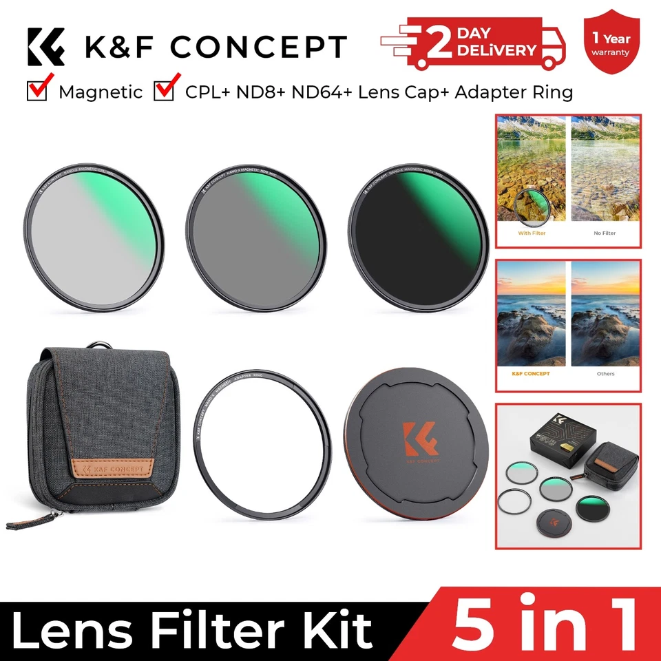 K&F Concept 5in1 Magnetic Lens Filter Kit CPL+ ND8+ ND64+ Lens Cap+ Adapter Ring - Image 1 of 4