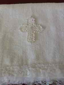 NEW GIFT Handmade Crochet Baptism/Christening Baby Girl Cross Bead Towel Set