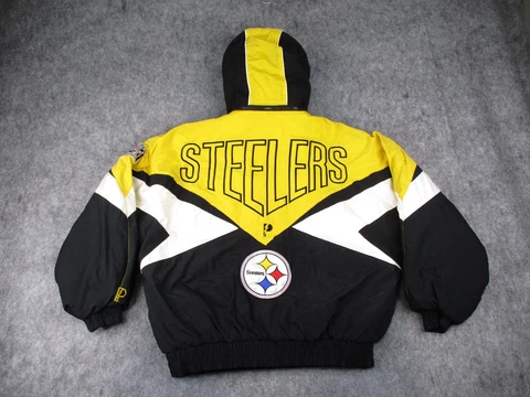Vintage Pittsburgh Steelers Jacket Mens XL Black Puffer Coat NFL Pro Player 90s Cover