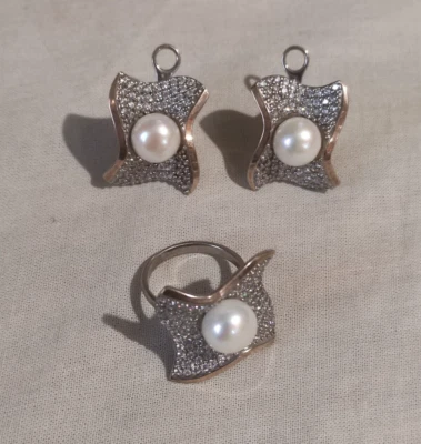 Juego de Pendientes Anillo Plata 925 Oro 375 Perla Natural Joyería Ucraniana Talla 8 Foto 1 de 4