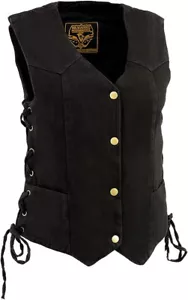 WOMENS LADIES MOTORCYCLE BLACK DENIM FRONT SNAP VEST w/ SIDE LACES - SA60 - Picture 1 of 6