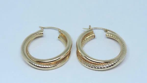 Ladies Overlapped Smooth/WaveTextured Hoop Earrings - 14 Karat Yellow Gold - Picture 1 of 3
