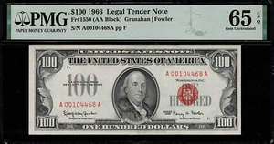 1966 $100 Legal Tender FR-1550 - Red Seal - Graded PMG 65 EPQ - Gem Unc. - Picture 1 of 2