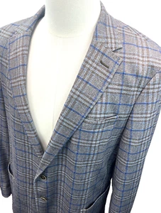 Johnnie-O Blazer Sport Coat Men 46R Brown Blue Plaid Jacket Double Vented EUC! - Picture 1 of 21
