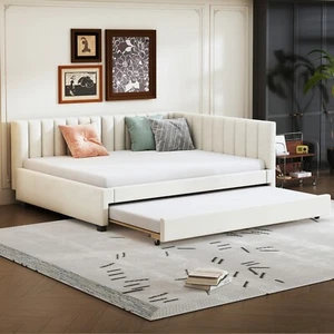 Polsterbett Tagesbett Schlafsofa Doppelbett 140x200 mit 90x200 Ausziehbett Beige - Bild 1 von 8