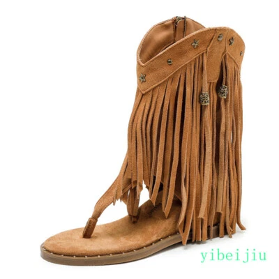 Women's Mid Calf Roma Gladiator Sandal Suede Leather Mid Calf Boots Tassel Shoes - Image 1 of 4