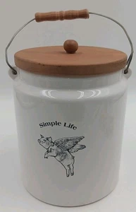 Bote de porcelana fina cuando los cerdos vuelan "vida simple" con tapa de madera - Imagen 1 de 10
