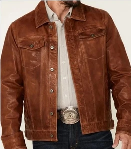 Giacca camionista uomo pelle marrone vintage stile western cappotto vera pelle - Foto 1 di 6