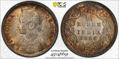 Nicely Toned 1862 C British India 1/4 Rupee Silver Coin - PCGS MS 63 - Image 1 of 4