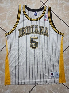 Maglia vintage Champion Jalen Rose #5 Indiana Pacers bianca gessato taglia 44 - Foto 1 di 11