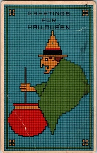 HALLOWEEN Postcard Witch Cauldron Gibson Lines 6936 Needlepoint JO5 - Picture 1 of 2