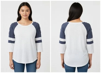 SO "Perfectly Soft" Sporty Tee Women's Size S White Blue Raglan Lace-Up Sleeves  - Image 1 of 4