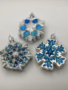 Old World Christmas Glass Holiday Blue White Snowflake Lot 3 Glitter Ornament - Picture 1 of 6