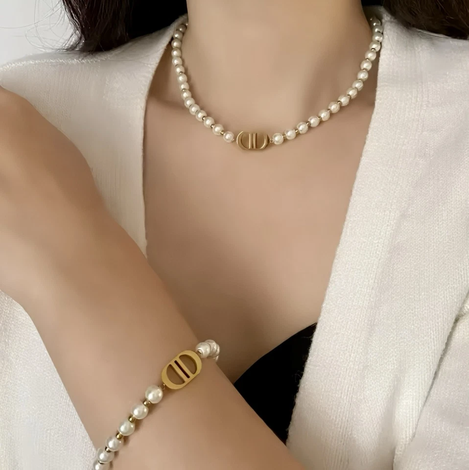 Perlenkette & Armband CD Set – vergoldet, Edelstahl 316L, Vintage - Bild 1 von 4