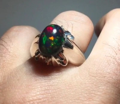 Anello da uomo in argento sterling 925 massiccio con opale nero naturale per lei - Immagine 1 di 3